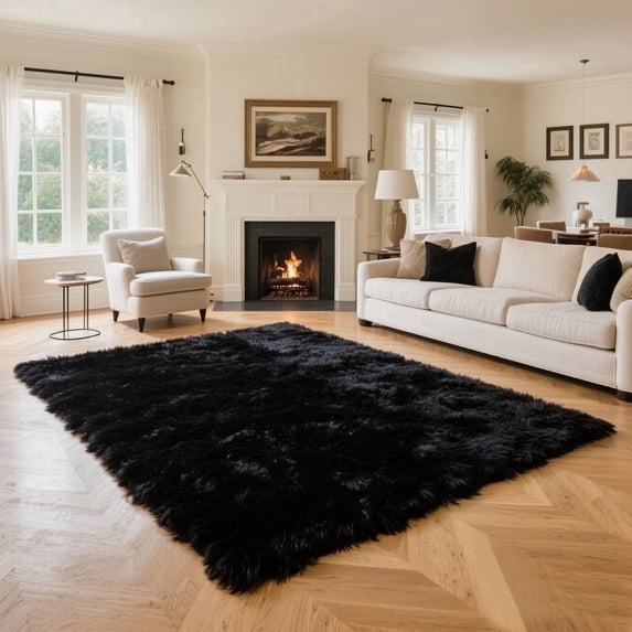 Area Rugs for Living Room Bedroom, 5ft x 8ft Soft Fluffy Shag Indoor Floor Carpet for Living Room Bedroom Dining Room Office Home Decor, Black