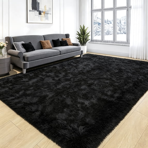 Area Rugs for Living Room Bedroom, 5ft x 8ft Soft Fluffy Shag Indoor Floor Carpet for Living Room Bedroom Dining Room Office Home Decor, Black