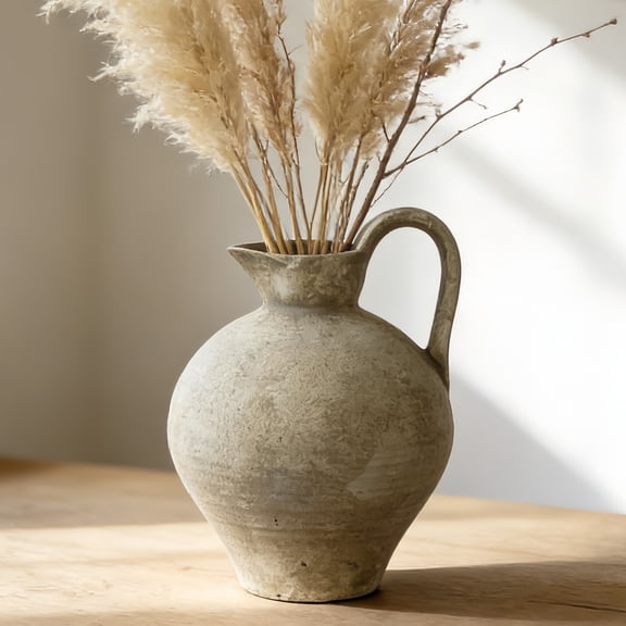Large Rustic Ceramic Vase,Yellow 8.8 Inch Vintage Terracotta Vase with Handle for Dining Room and Living Room