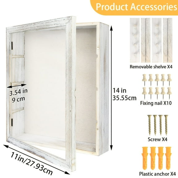 Large Rustic Shadow Box Frame 11x14/12x16 - Display Case with Linen Back & 4 Shelves for Memorabilia, Photos, Medals, Rings, Coins