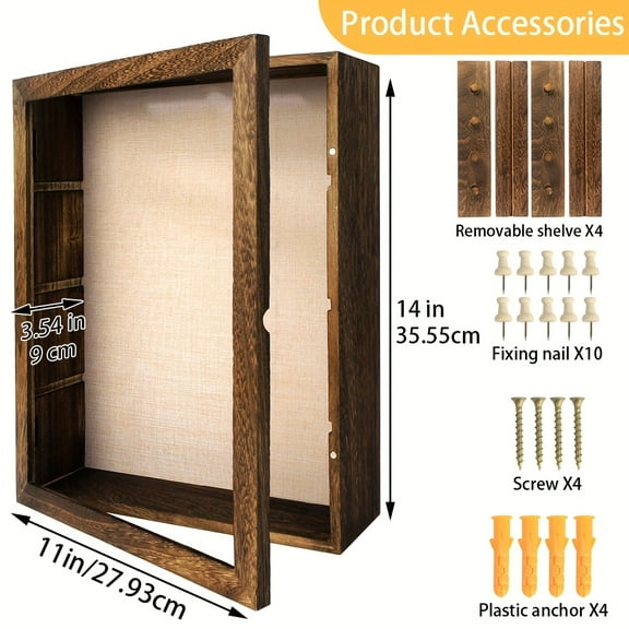 Large Rustic Shadow Box Frame 11x14/12x16 with Linen Back & 4 Shelves - Display for Flowers, Pictures, Rings, Medals, Coins, Pins Keepsakes