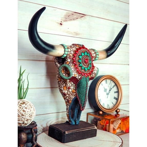 Large Rustic Western Bull Cow Skull With Turquoise Red Rocks Desktop Figurine