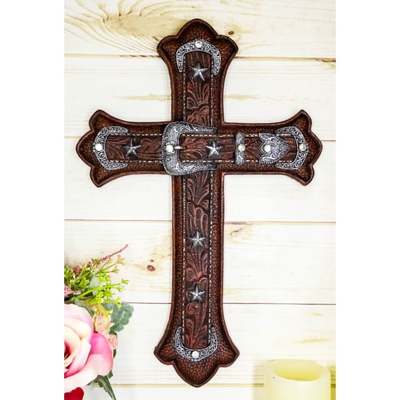 Large Rustic Western Cowboy Faux Tooled Leather Floral Belt Buckle Wall Cross