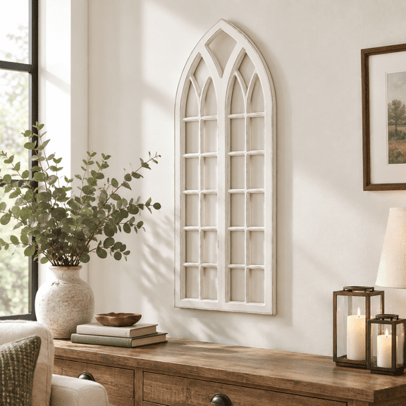 Large Rustic White Arch Window Frame Wooden Wall Sculpture, 50.98 x 24.02 Inches