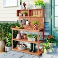 thumbnail image 1 of Large Rustic Wooden Outdoor Potting Bench Table, Farmhouse Garden Workstation with 4 Storage Shelves & Side Hooks, Natural, 1 of 10