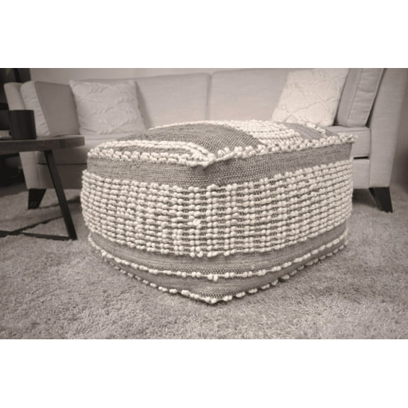 Large Rustic Wool Pouf Ottoman, 26" Brown & Beige Tufted Footstool - Handcrafted Cotton Blend with Polystyrene Bead Filling