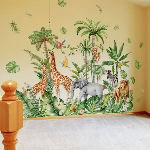 Large Safari Animals Tropical Tree Wall Decals Jungle Animals Giraffe Elephant Lion Wall Stickers Peel&Stick,Removable wall sticker,DIY Wall Decals Living Room Baby Nursery Kids Room Wall Decor