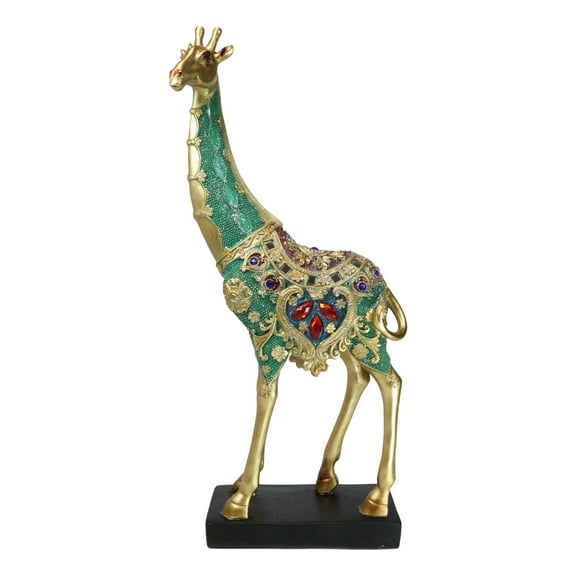 Large Safari Savannah Green Bejeweled Masai Giraffe With Black Base Figurine 16"