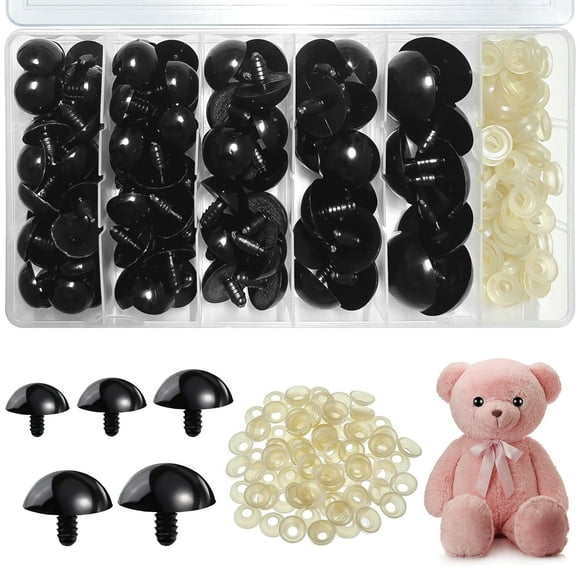 Large Safey Eyes 18-30mm for Amigurumi, FEMBW 186Pcs Black Plastic Crochet Eyes with Washers, 5 Sizes Stuffed Animal Eyes for Doll Crochet Crafts Plush Animal