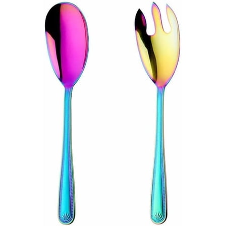 Large Salad Servers Set 12" Long Serving Spoon Fork 18/10 Stainless Steel - Rainbow