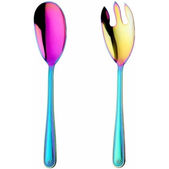 Large Salad Servers Set 12" Long Serving Spoon Fork 18/10 Stainless Steel - Rainbow