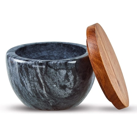 Large Salt Box Spice Seasonings Keeper Pepper Container, Marble Base With Wooden Cover, Salt Cellar Big Capacity Elegant Design (White)