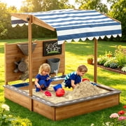 Large Sandboxes with Canopy, Akaber Sand Pit for Kids with Adjustable Cover & Sand Funnel & Drawing Board, Kids Outdoor Sand Box Play for Backyard, Garden, Beach, Outdoor Patio Brown, Oak