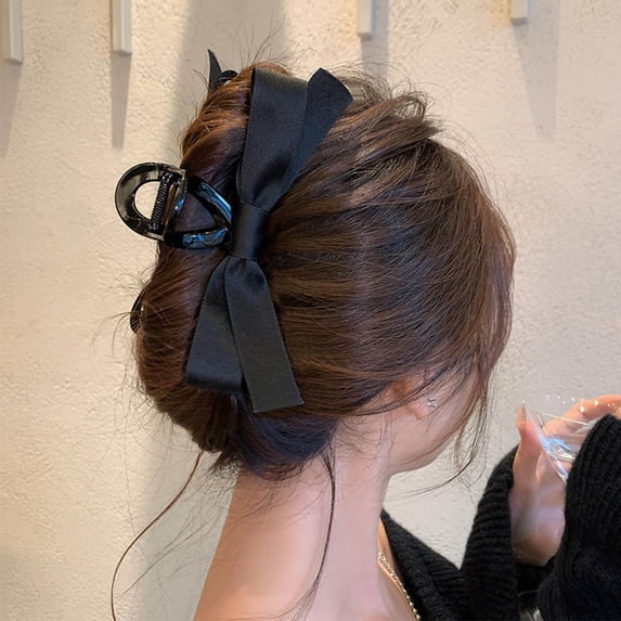 Large Satin Bow Hair Clips - Elegant Barrettes for Women Soft Ribbon Accessories for Thin and Thick Hairstyles - 2Pcs Glossy Black Bow Hair Decorations