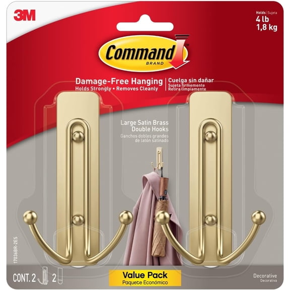 Large Satin Brass Double Hooks, 2 Hooks and 2 Strips, Damage-Free Wall Hook with Adhesive Strips, No Tools Coat Hook for Hanging Home Decor, Holds up to 4 lb