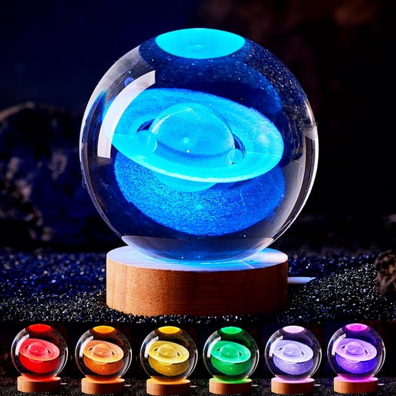 Large Saturn Ball Night Light with Wooden Base, Solar System Lamp for Wife , 16 Color Changing with Remote Control, 3.15 inch Glass Ball Lamp (Saturn)