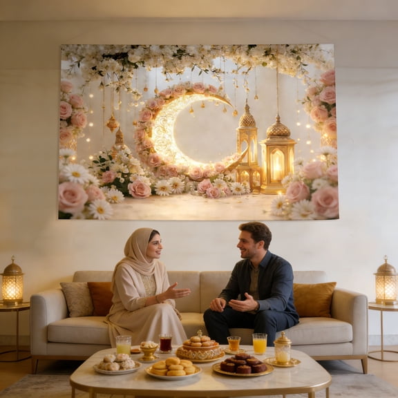 Large Scale Wall Banner For Eid Al Fitr, 70.87 x 43.31 Inch Hanging Banner For Ramadan Celebration, Indoor Outdoor Decor For Home Parties, Fabric Backdrop For Wall Hanging With Gold Foil Design,B