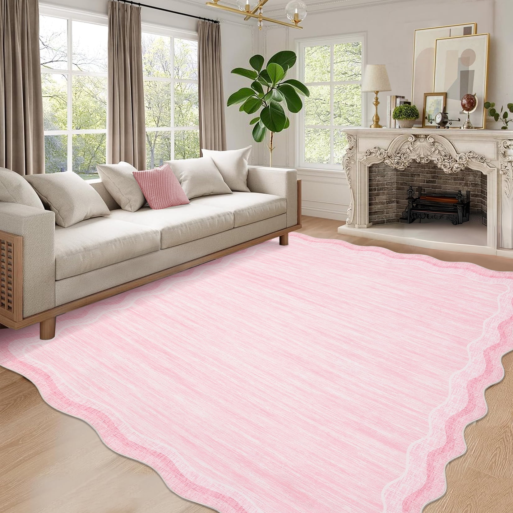 Large Scalloped Area Rugs 9x12 Washable Modern Living Room Rug with Non-Slip Backing, Contemporary Low Pile Accent Carpet, Stain-Resistant Foldable Floor Cover for Dining Room, Beige