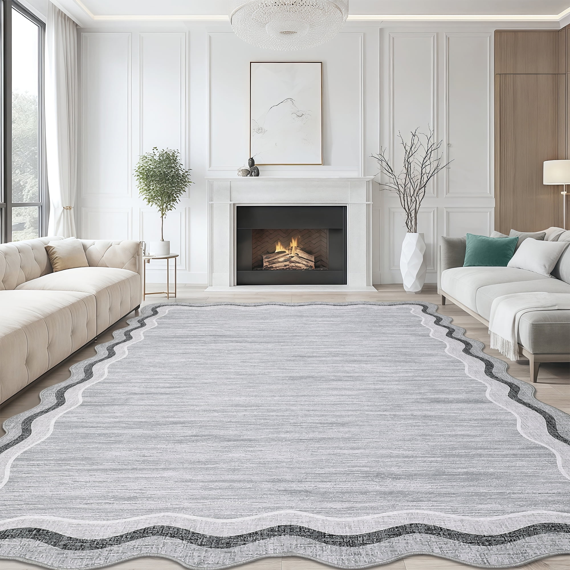 Large Scalloped Living Room Rug 10x13 Washable Modern Accent Carpet, Contemporary Low Pile Area Rugs with Non-Slip Backing, Stain-Resistant Foldable Floor Mat for Bedroom, Office, Grey