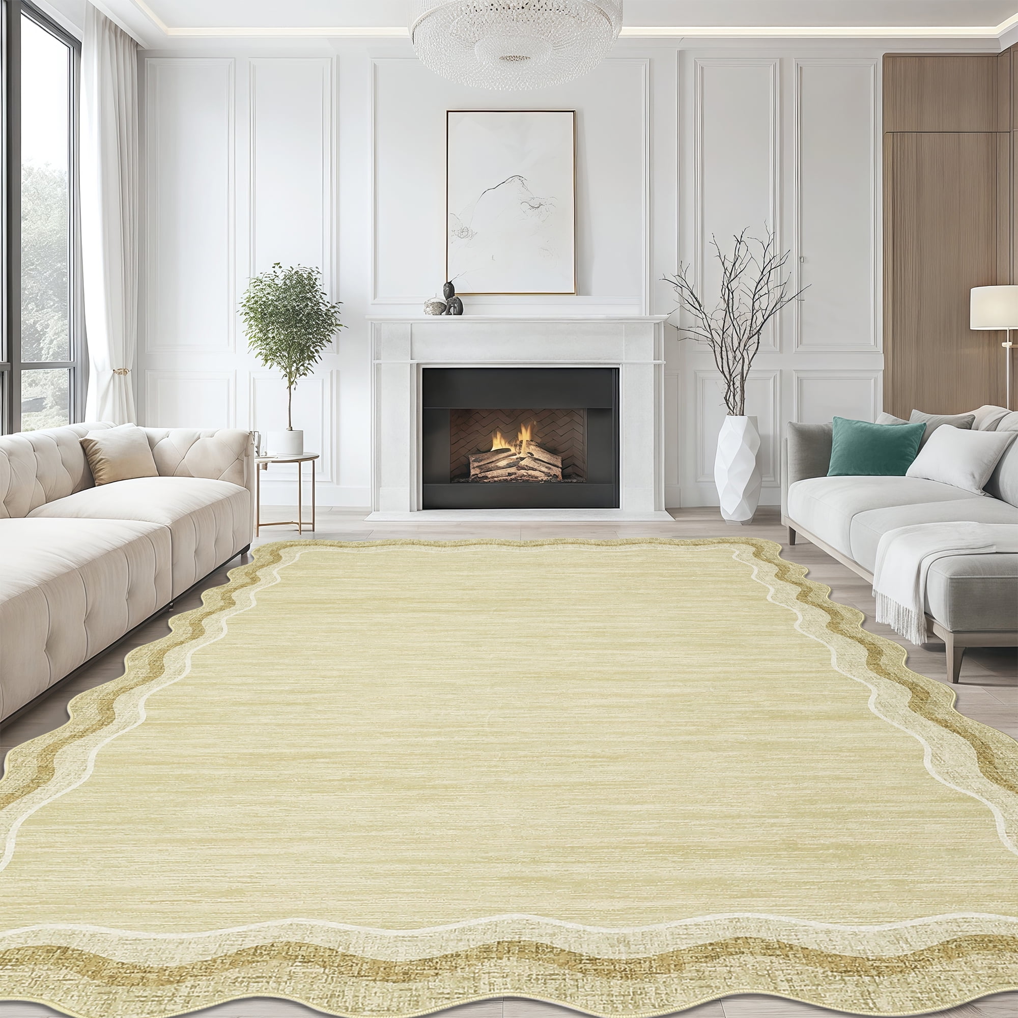 Large Scalloped Living Room Rug 10x13 Washable Modern Accent Carpet, Contemporary Low Pile Area Rugs with Non-Slip Backing, Stain-Resistant Foldable Floor Mat for Bedroom, Office, Beige