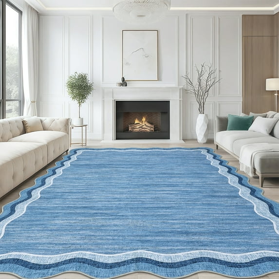 Large Scalloped Living Room Rug 10x13 Washable Modern Accent Carpet, Contemporary Low Pile Area Rugs with Non-Slip Backing, Stain-Resistant Foldable Floor Mat for Bedroom, Office, Blue