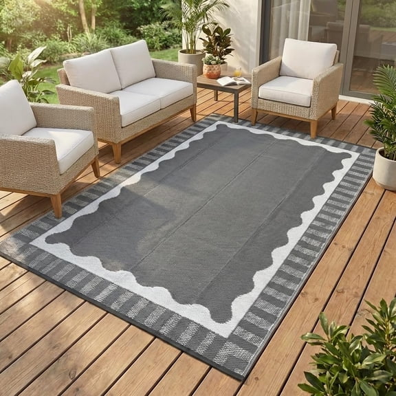 Large Scalloped Outdoor Rug 8x10 Patio Rugs Outdoor Waterproof, Reversible Plastic Straw Camping Rug, Modern Bordered Outside Mats for Picnic Backyard Deck Balcony Beach Trailer, Grey