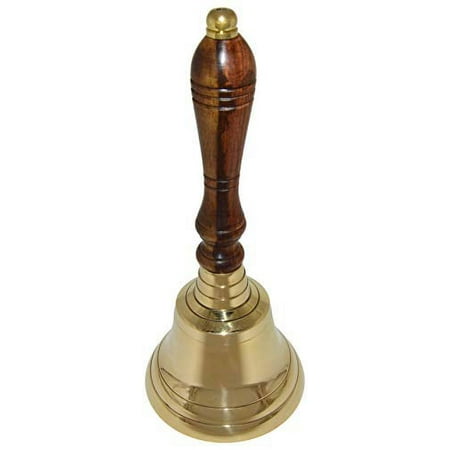 Large School Bell, Polished Brass Metal Handbell, Gold Color with Brown Wooden Handle - Measures 3.75 Inches Wide and 8.5 Inches Tall