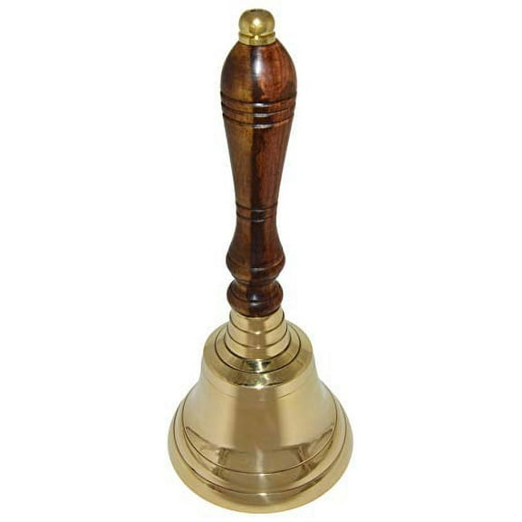 Large School Bell, Polished Brass Metal Handbell, Gold Color with Brown Wooden Handle - Measures 3.75 Inches Wide and 8.5 Inches Tall