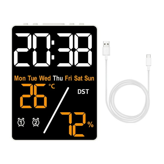 Large Screen Digital Alarm Clock Brightness Adjustment Humidity Temperature Display Desktop Clock,Orange