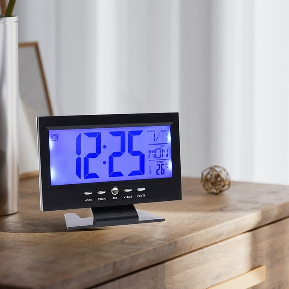 Large Screen Electronic Alarm Clock Voice Control Night Light Temperature Humidity Display Smart Timer Alarm Snooze Function, Clear Easy Read for Bedroom Office Study Home Time Management