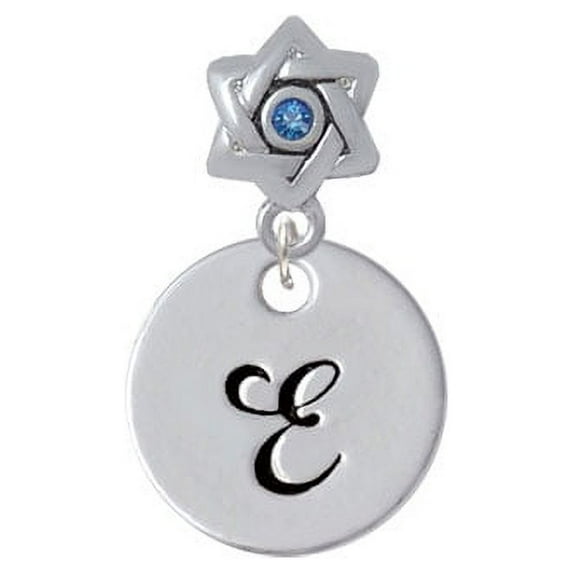 Large Script Letter - E - 3/4'' Disc - Star of David with Blue Crystal Charm Bead