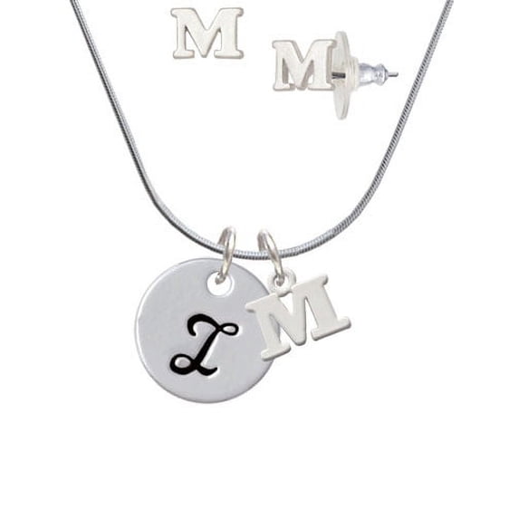Large Script Letter - I - 3/4'' Disc - - M Initial Charm Necklace and Stud Earrings Jewelry Set