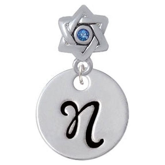 Large Script Letter - N - 3/4'' Disc - Star of David with Blue Crystal Charm Bead