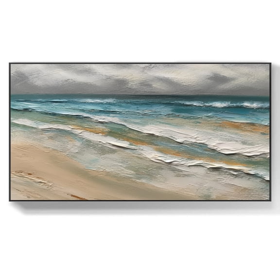 Large Sea Abstract Painting Seascape Oil Painting Abstract Seascape Large Wall Art Beach Art Blue Ocean Painting Brown Canvas Art,Unstretched,Frameless,(41*61cm)16*32Inches