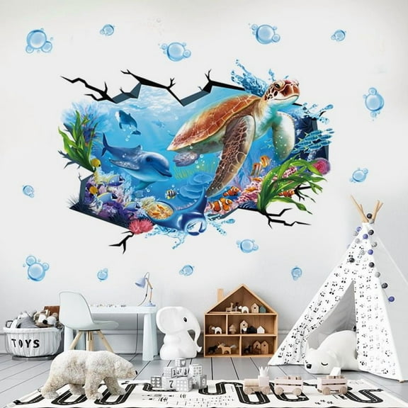 Large Sea Turtle Under The Sea Wall Stickers 3D Underwater Dolphin Tropical Fish Ocean Peel and Stick Wall Art Decals for Baby Nursery Kids Living Room Bedroom TV Wall