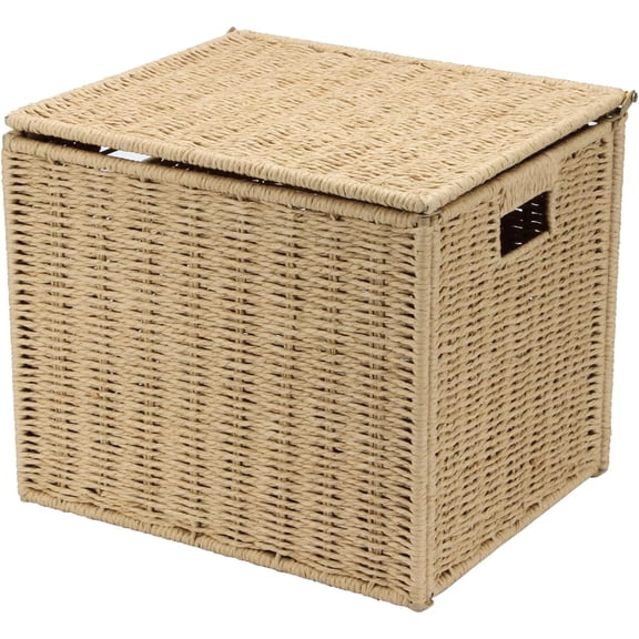 Large Seagrass File Storage Box Organizers, 14.4 x 11.8 x 11.4 Inch Paper Rope Storage Box, Seagrass Wicker File Box Organizer Hanging Filing Basket with Lid Decorative File Baskets