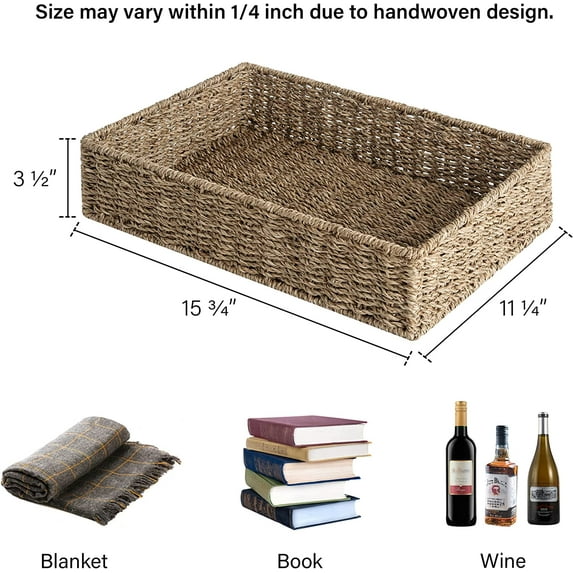 Large Seagrass Storage Tray for Bathroom, Handwoven Wicker Baskets for Shelves, 2-Pack