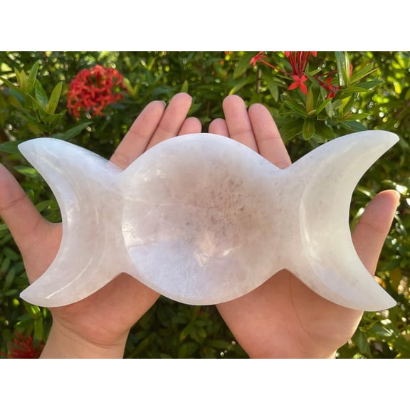 Large Selenite Triple Moon Bowl, 8" Long Triple Moon Carved Selenite Dish, Crystal Polished Cleansing Charging Healing Gemstone Bowl