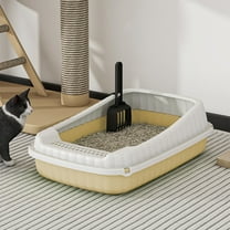 Large Semi-Enclosed Cat Litter Box with High Sides and Splash Guard, Includes Litter Scoop for Easy Cleaning, Durable Plastic Pet Toilet in Beige