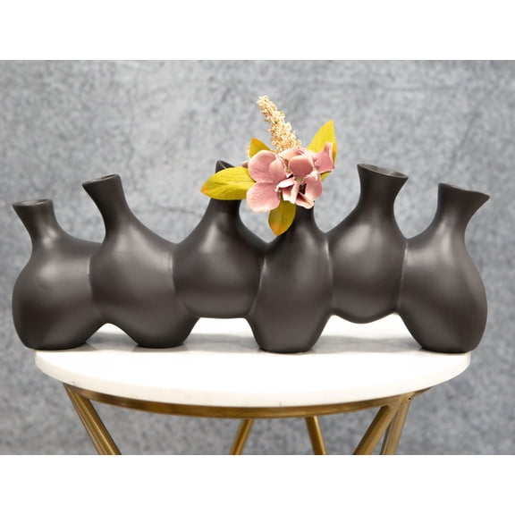 Large Semi Gloss Modern Abstract Black Ceramic Floral Vase 6 Hole Cluster Rounds