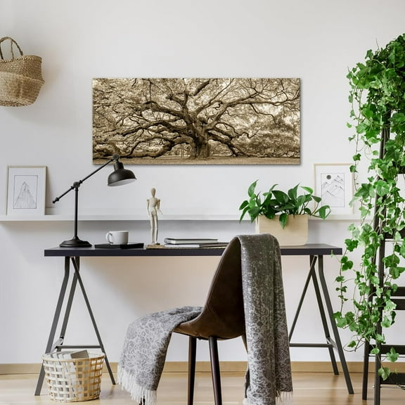 Large Sepia Oak Tree Canvas Wall Art - 20x48 Vintage Forest Landscape Framed Painting for Home Decor