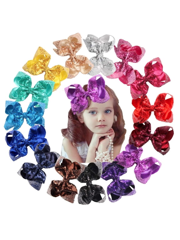 Large Sequin Hair Bows with Clips Sparly Rainbow Bow Hair Barrettes for Toddlers Kids Children Teens