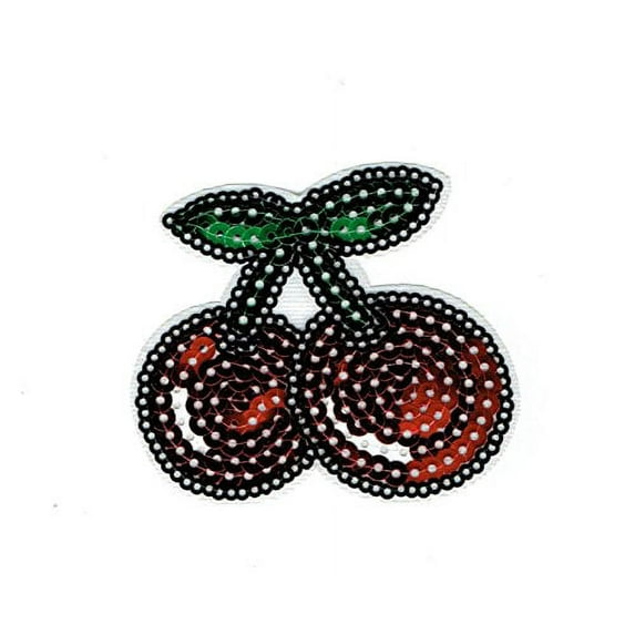 Large Sequin Red Cherries - Fruit - Iron on Embroidered Applique Patch