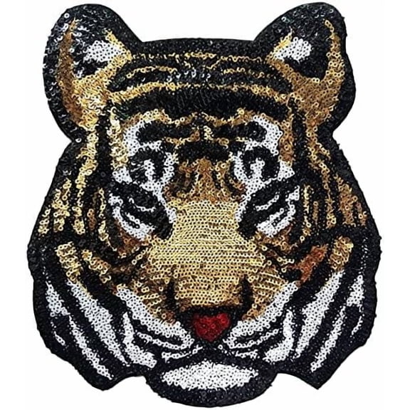 Large Sequin Tiger Head Iron On Patch Sew On Patch Sparkling Bengal DIY Applique Motif for Kid Adult Clothing Jacket Backpack Decoration$$Art & Craft