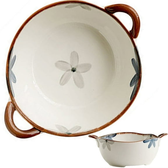 Decorative Serving Bowl - 24oz Ceramic Soup Bowl with Handle Ramen Bowl for Salad,Pasta,Cereal,700ML Porcelain Stoneware Kitchen Dish