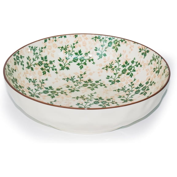 Large Serving Bowls, 78 Oz Extra Salad Bowl, Green Floral Pattern Design Decorative Bowls for Salad, Fruit, Pasta and Dinner, Dishes Party, Dishwasher & Microwave Safe
