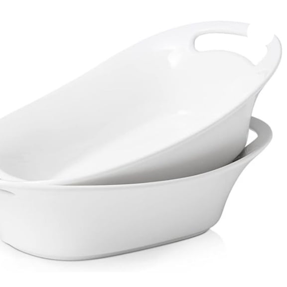 Large Serving Bowls with Handles, 2 Quarts Oval Serving Platter for Turkey, Fruit Salad Serving Dishes for Entertaining, Porcelain Pasta Bowls for Mother's Day, Parties, Set of 2, White