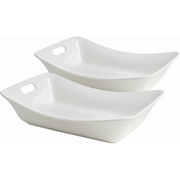 Large Serving Bowls with Handles, Set of 2 White Porcelain Bowl Set, Durable Ceramic Salad Bowls, 2 Quarts Rectangular Serving Platter for Turkey, Fruit Salad Serving Dishes for Entertaining