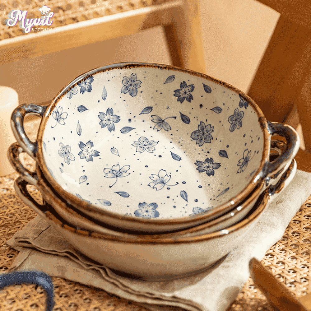 Decorative Serving Bowl Set- 4 Pack Pasta Bowls Ceramic Soup Bowl with Handle Breakfast Bowl for Salad,Ramen,Oats,700ML Porcelain Stoneware Decorative Kitchen Dishes Sets