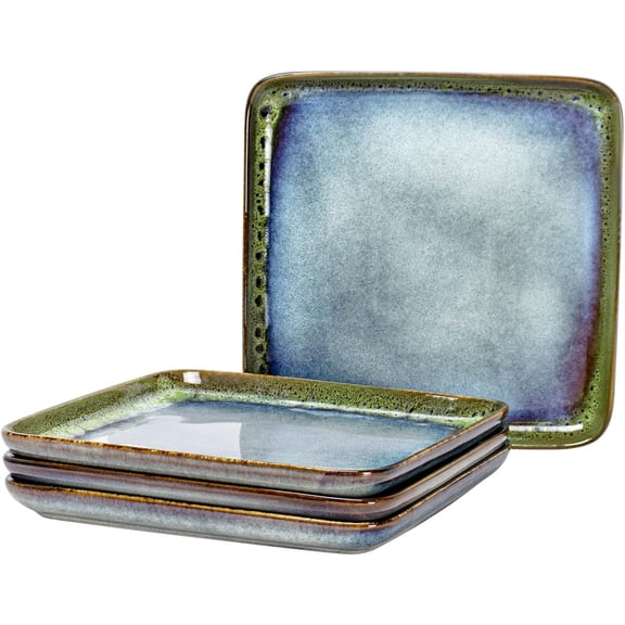 Square Ceramic Dinner Plates 11 Inch Large Stoneware Serving Plates Set of 4 for Steak, Pasta & Salad, Microwave & Dishwasher Safe Reactive Glaze Green